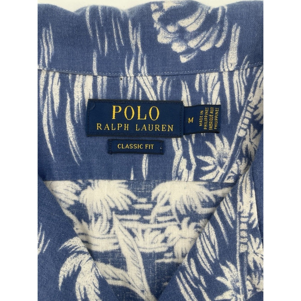 Polo Ralph Lauren Blue Hawaiian Shirt Men Medium Classic Fit Palm Floral Beach - Picture 3 of 8